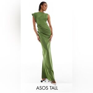 ASOS DESIGN Tall asymmetric high neck minimal maxi dress in olive. NWT